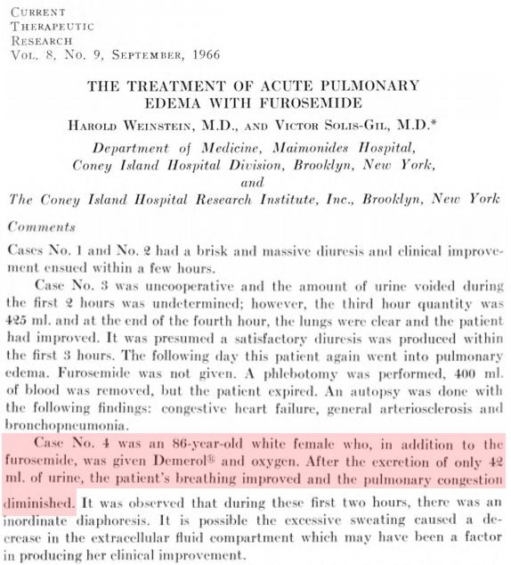 2/Furosemide (aka Lasix) was introduced as a loop diuretic in 1964.It was soon observed that treatment of pulmonary edema w/ furosemide led to rapid improvement in dyspnea, sometimes before diuresis.The mechanism of this effect was unknown. https://www.ncbi.nlm.nih.gov/pmc/articles/PMC2014966/#b1