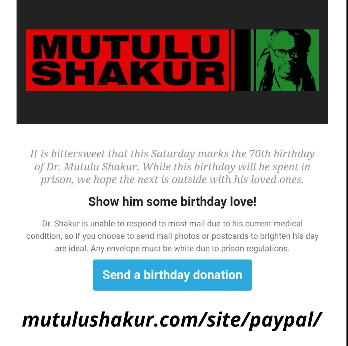 MXGMCAMPUS's tweet image. Furah Kuwalzi to #DrMutuluShakur ! 

Birthday Donation: mutulushakur.com/site/paypal/

Info Page:
mutulushakur.com

Let's get this trending!!!!! Repost!!!
#FreeDrMutuluShakur #FreeEmAll 
#BlackAugustResistance