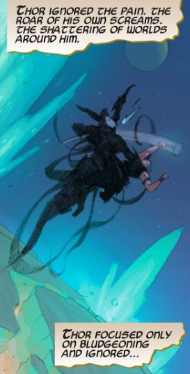 Thor engaged Gorr the God Butcher in a savage fight to DEATH! Across the cosmic space waves brutal blows were exchanged. Every single strike delivered by Thor shattered PLANETS.