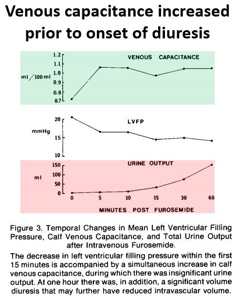 4/In the same experiment, venous capacitance increased almost immediately after furosemide was given, while diuresis didn't start until 30 minutes later.Venodilation seemed to be the cause of the rapid fall in LV filling pressure.  https://pubmed.ncbi.nlm.nih.gov/4697939/ 