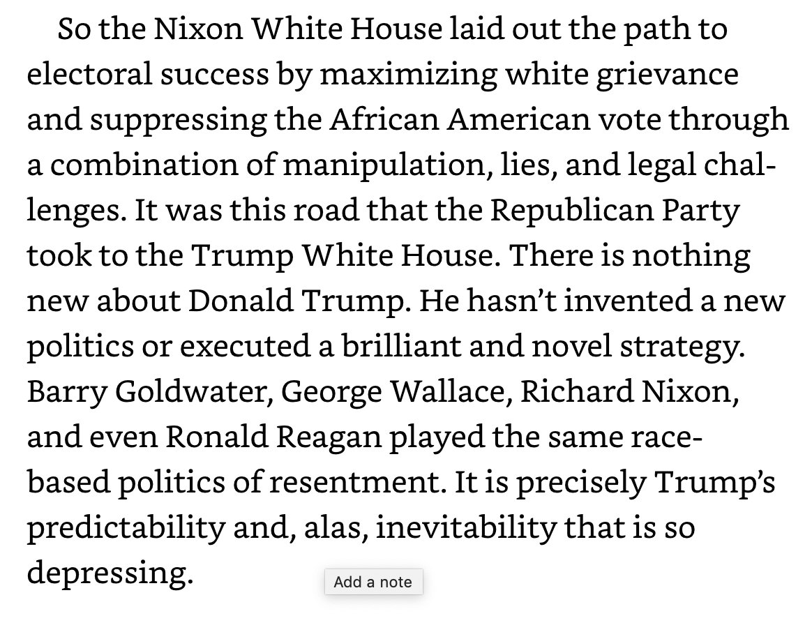 7/ So the GOP gave up trying to appeal to blacks, and reached out to “disaffected” whites.Steven quotes the 1971 Nixon “research” memo that developed the “Southern Strategy” for luring the white Southerners into the GOP without alienating non-racist whites.