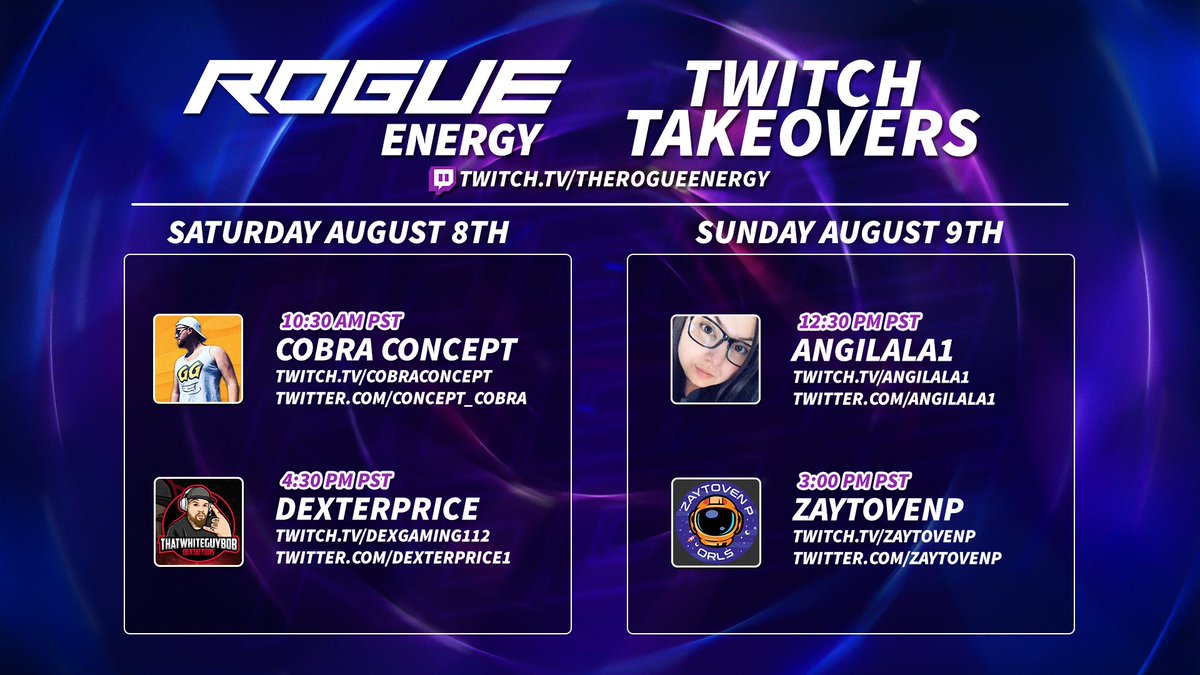 First #Twitch Takeover starts in just over an hour! Come hang with <a href="/concept_cobra/">𝘾𝙊𝘽𝙍𝘼</a> and the crew.

Twitch.tv/TheRogueEnergy