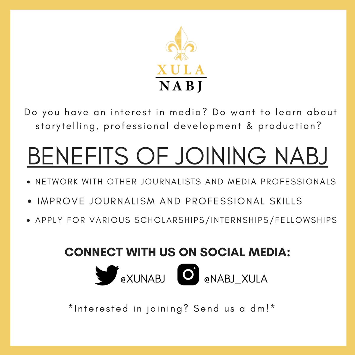 Do you have an interest in media? Do you want to learn about storytelling, professional development &amp; production? If so, NABJ is definitely the right student organization for you. Interested in joining? Send us a dm!!