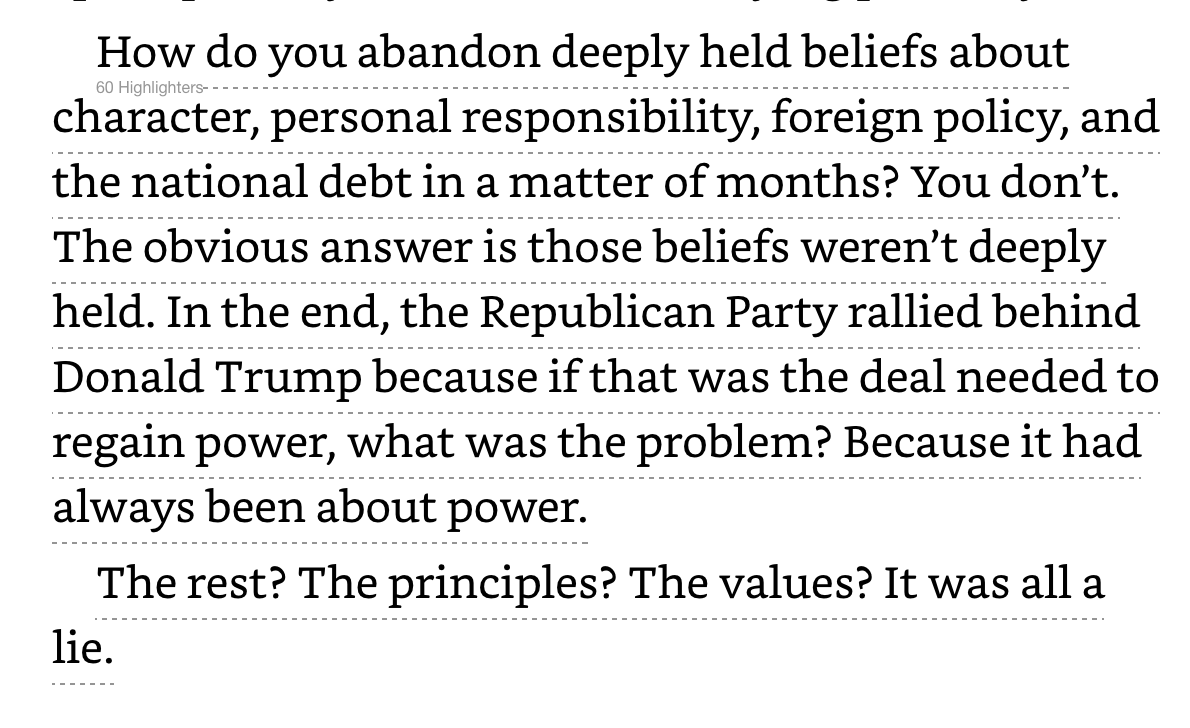 14/ Stevens fully admits that the hypocrisy never troubled him. It was all about winning, which of course means the GOP cared only about power. (Screenshot #1)This brings us to the title. What was all a lie? Stevens answers that as well. (Screenshot #2)