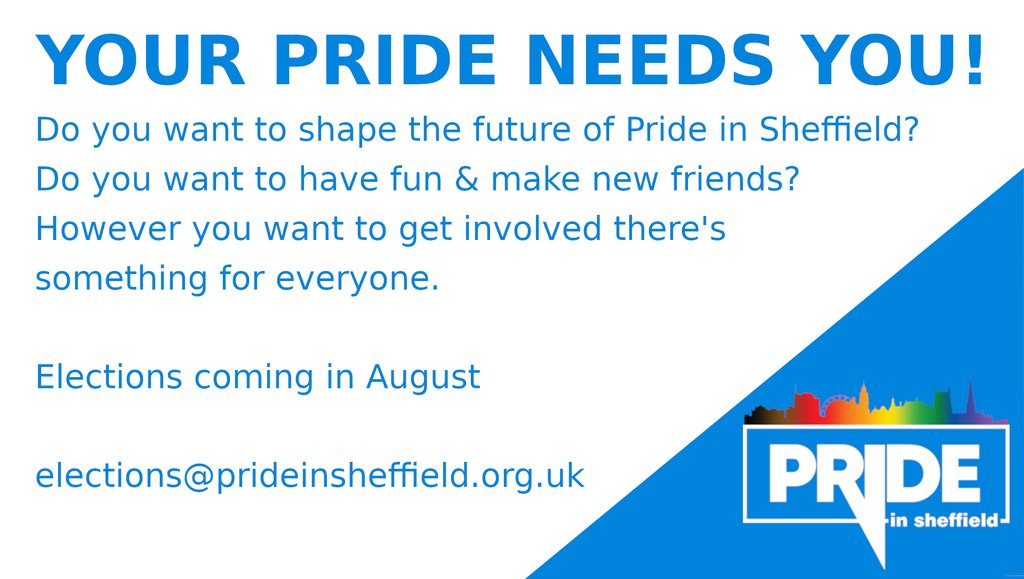 Elections for our 2021 committee are coming. If you want to be involved in Pride in Sheffield, check out our elections page for more information and details of what is involved:
buff.ly/33Ewus4
#Pride2021 #LGBTQ #Sheffieldissuper #Sheffield #SouthYorkshire