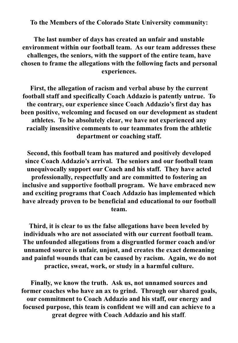 Statement from the players to the CSU community. #CSUUnited