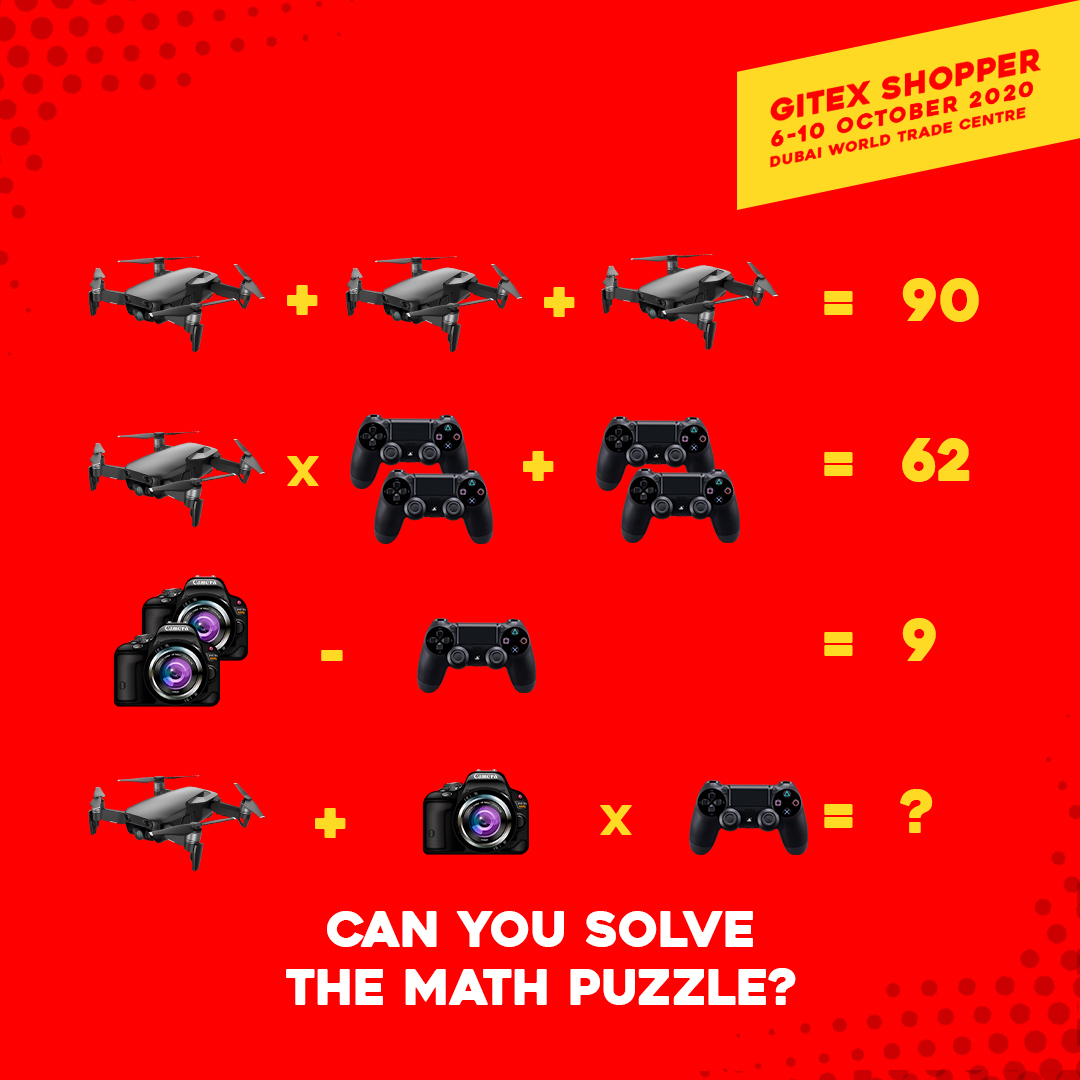 GITEXShopper's tweet photo. Let the Math begin! Let us know in the comments down below what is the correct answer! #GITEXShopper #BuyItAtShopper https://t.co/Nb6WyEgHTx