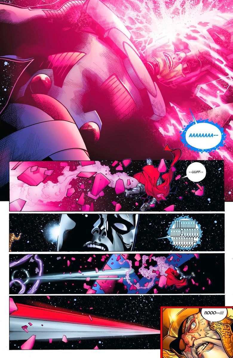 Not even Galactus is safe from Thor's punishment , Thor flew past Silver Surfer at speeds were the herald was unable to counter, he then targeted the head of the world devourer launched himself like a cosmic bullet and shattered it... Boom!