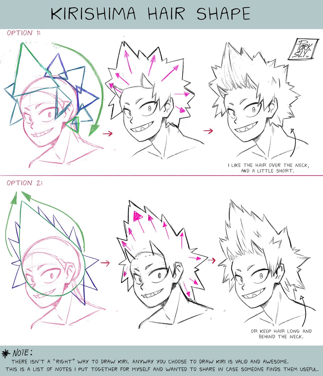 This is how I have been drawing Kirishimas hair lately. I think it looks better then how I was drawing it before, which was drawing random spikes. ? I have 2 options because I can't make up my mind. 