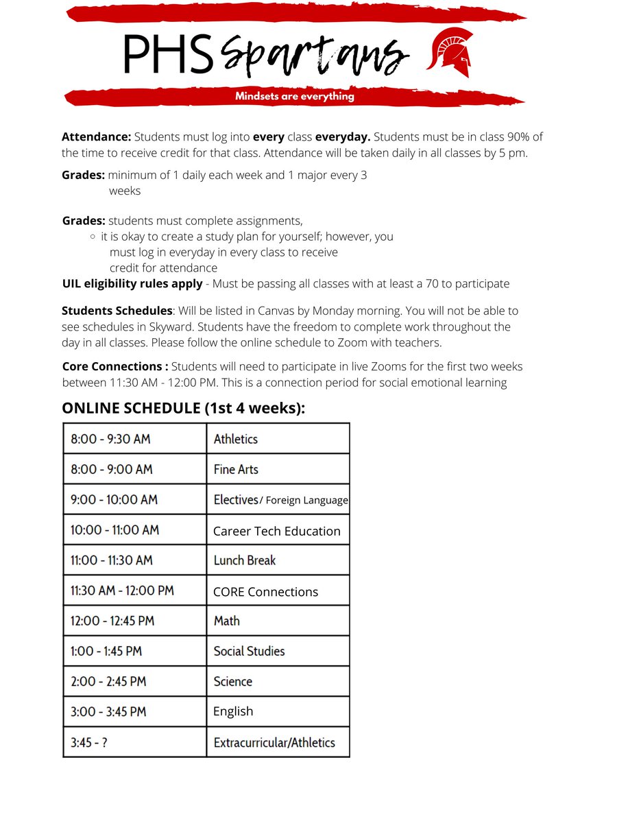 Spartan Students and Parents!!  We have updated our schedule to clarify courses.  "See" you Monday!