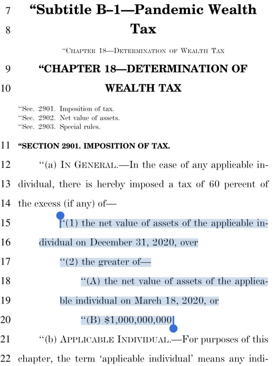 So I read Bernie’s proposed pandemic wealth tax draft. Wow. He went from advocating a 5% annual tax on wealth over $1B during his campaign, to just flat out demanding 60% of all an individual’s wealth above $1B all at once. A thread: