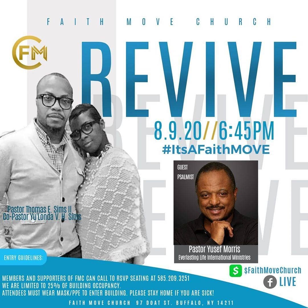 IAmYuLondaSims's tweet photo. REVIVE‼️REVIVE‼️ REVIVE‼️
Tomorrow Night &amp; the entire month of August for our "REVIVE" Summer Revival @ 6:45pm with Special Guest Psalmist, Pastor Yusef Morris. SEATING IS LIMITED TO 25% OCCUPANCY‼️ MUST CALL TO RSVP YOUR SEAT 585.209.3251 &amp; MUST WEAR MASK TO ENTER. #FMC #REVIVE https://t.co/Ka8xgixXgo