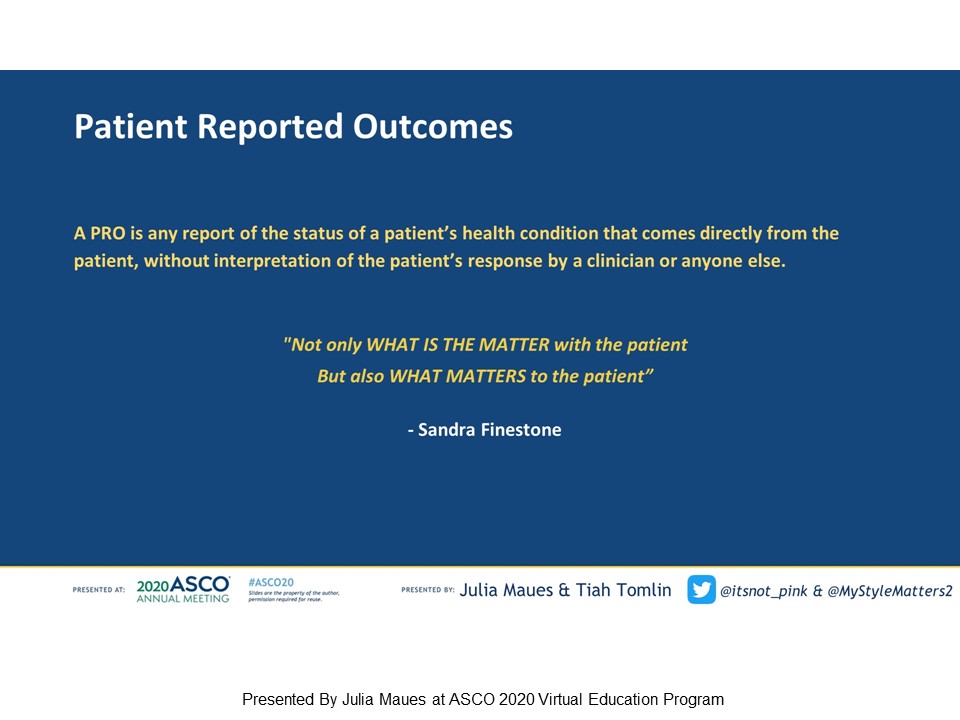 Quality of Life Matters to patients w/  #metastaticBC. Patients make trade-offs of length of time and quality of life, this is complex for each patient. Getting side effect info directly from other patients (PROs) is important. Measure what matters to patients.  #bcsm  #ASCO20 4/5
