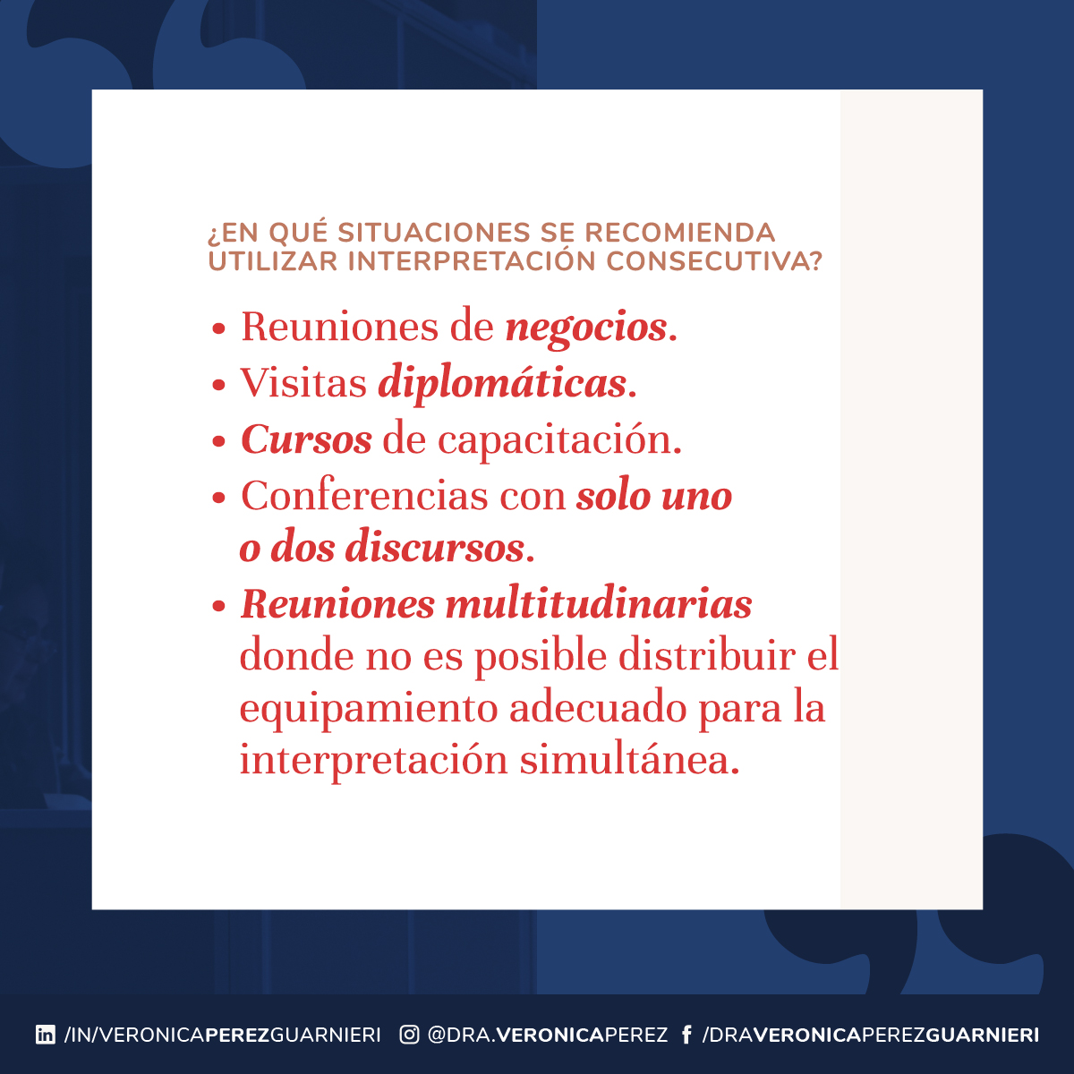 VeroGuarnieri's tweet photo. ✔️ ¿En qué situaciones se recomienda utilizar interpretación consecutiva? 👇
--
#1nt #xl8 #languages #1ntevents #xl8events #terps #increasedparticipation #professionalservices #IA2020 #VRI #RSI #DSI #ConferenceOrganizers #eventprofessionals #interpretación #profesión #servicios https://t.co/f6EEY65NC2