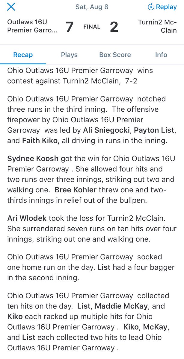 16u_Garroway's tweet photo. Final 7-2 win v Turnin2 McClain. WP @sydneekoosh(3ip,2k) S @breekohler(1.2ip,3k). @PaytonList2022 💣(2-2,HR,2B,2rbi) @SniegockiAli (2B,rbi) @faith_kiko(2-3,2rbi) @MaddieMckay2022(2-3), Koosh(rbi) @CoachPatrick_ @CoachJexx_RMU @CoachHerm @coach_crowell @YSUSoftball @LorenMessick https://t.co/1vUCQ3R65s