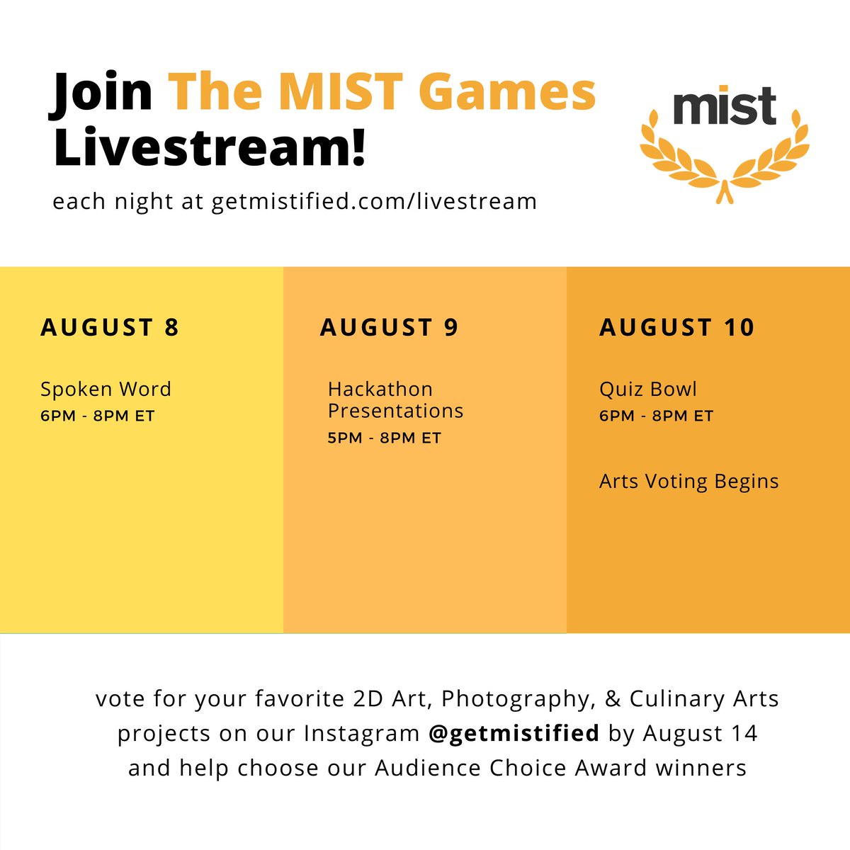 Join The MIST Games Livestream: Spoken Word, Hackathon Presentations, &amp; Quizbowl! Join at getmistified.com/livestream #TheMISTGames