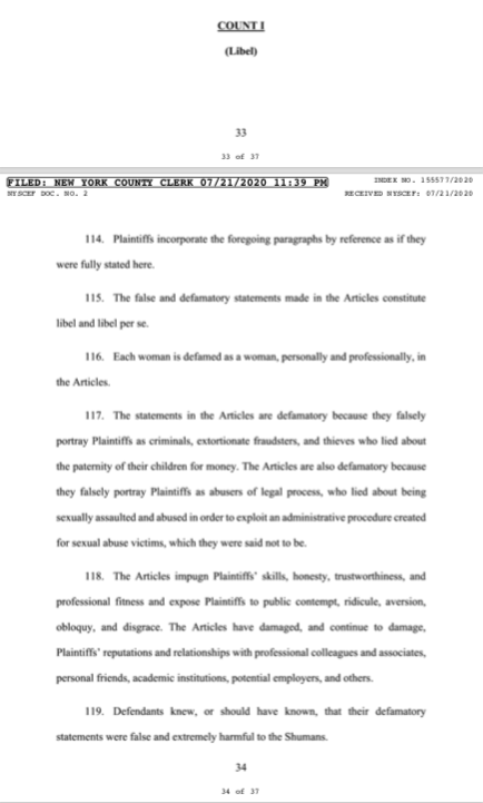 20. The Shumans are suing for libel and seeking “an amount in excess of $25,000 to be determined at trial, and interest” as well as removal of articles, an apology, and legal costs.