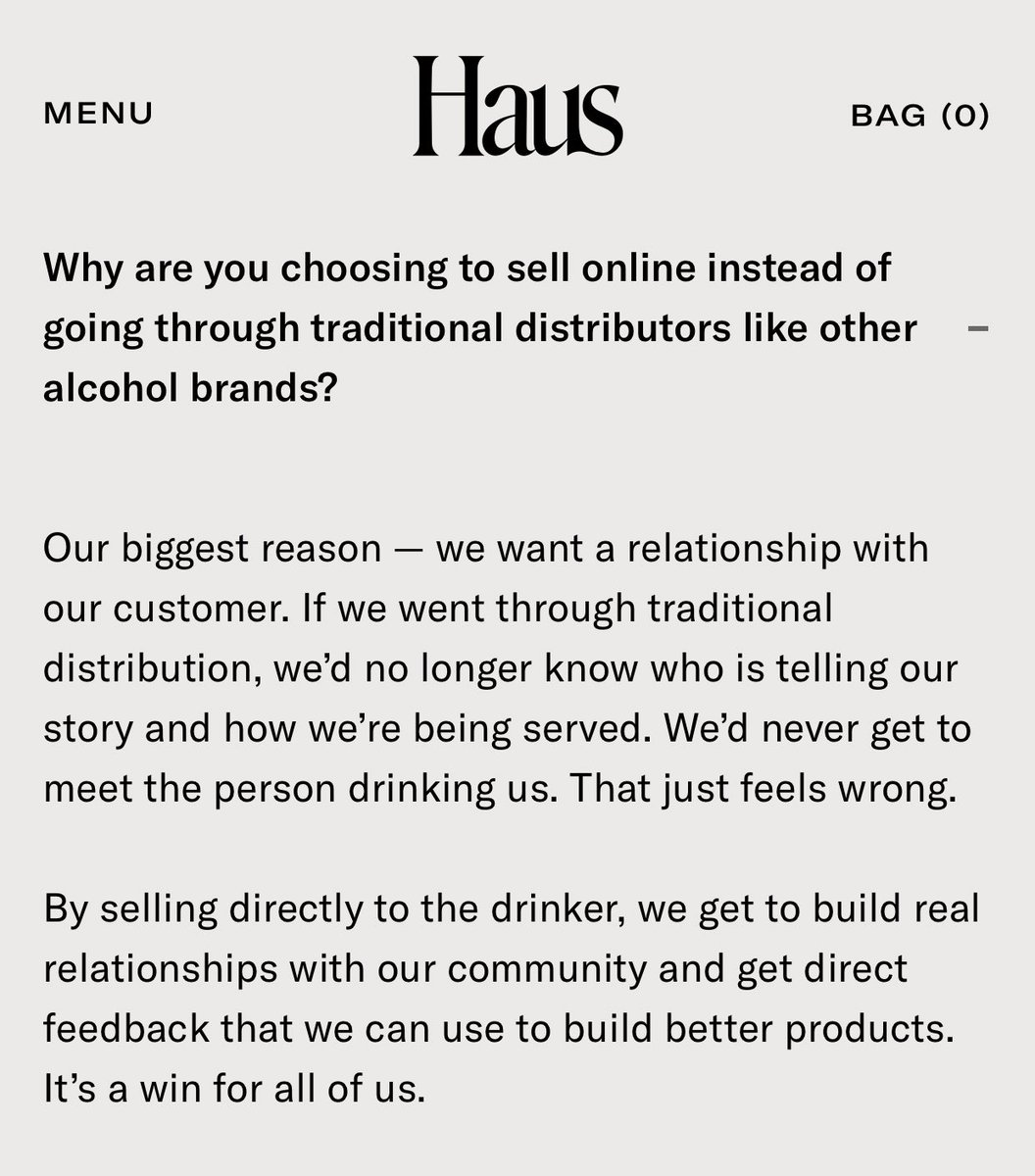 8 // Investment Evaluation Framework: Like to see potential for a moat Solid example: a point of difference in their distribution model  @drinkhaus + if you like to know all the deets   https://www.modernretail.co/startups/how-haus-is-building-a-booze-brand-for-the-dtc-era/