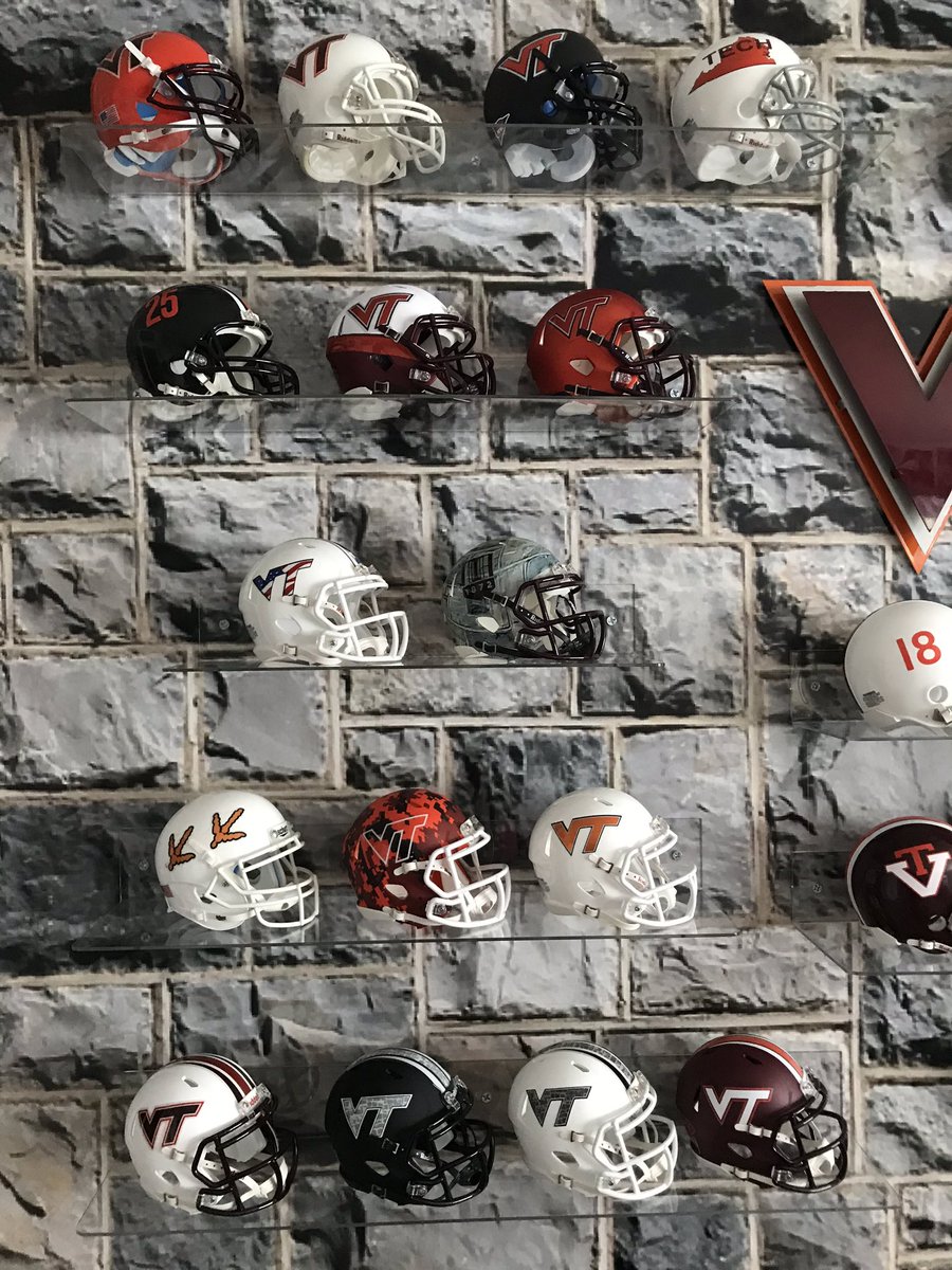 sammyeanes's tweet photo. Finally finished the @HokiesFB feature wall in the new casa. Probably shouldn’t admit it, but I’ve been collecting helmets and plotting this thing for probably five years. Pumped it’s complete. 

Grateful for a wife who will let me put my nerdiness on display. #Hokies https://t.co/g22G1gMI4H