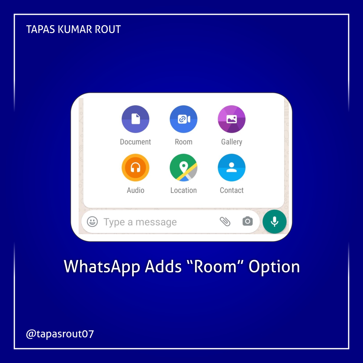 tapasrout07's tweet photo. ⚠️ Did you notice that Whatsapp added the 'Room' icon on Attachment?⚠️
.
.
.
#latesttrend #whatsapp #viralupdates #SocialMedia 
.
Follow for more updates @tapasrout07 https://t.co/s4QBKPGuK1