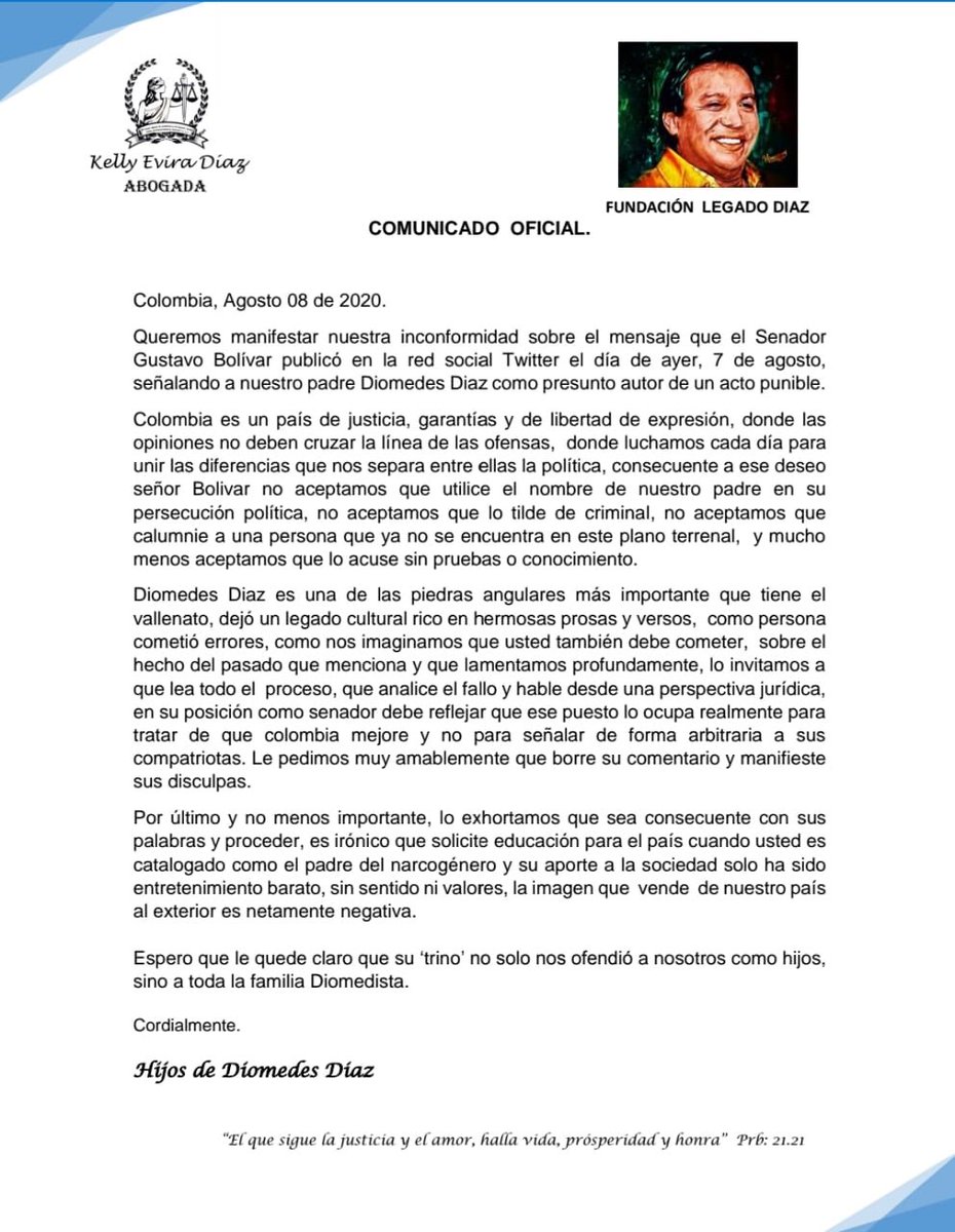 DiomedesDiaz's tweet photo. Si tú eres Diomedista y crees en la dinastía musical que nos dejo el más grande exponente de la música vallenata, hoy te queremos invitar a que te unas al mismo sentir de inconformidad ante la acusación de parte de @GustavoBolivar ! Exigimos públicamente una disculpa. https://t.co/ze2pADPPfy