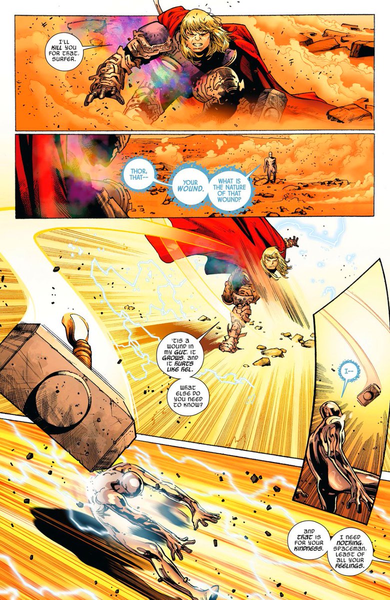 After Thor bashed Galactus's head in Silver Surfer got his share . Pure savagery. You want to die on Mars? I have no problem killing you on Mars.