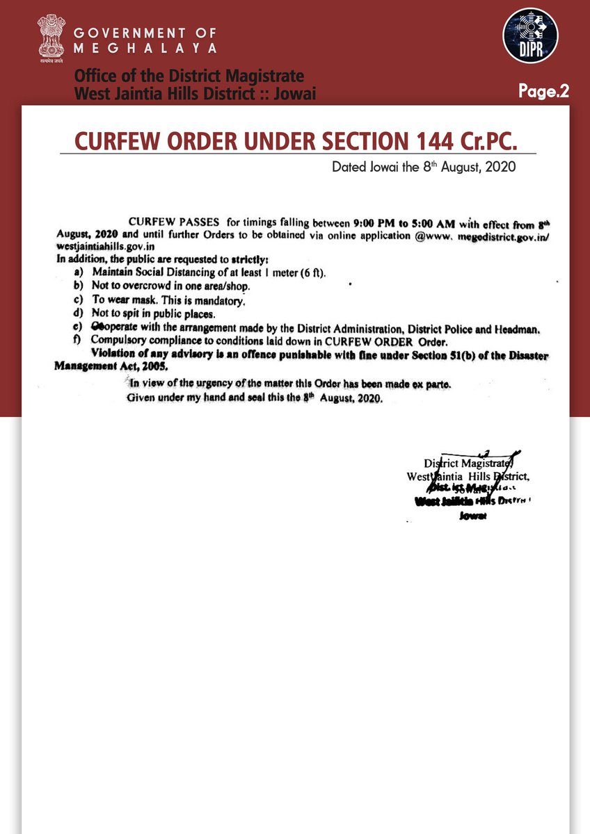 DiprMeghalaya's tweet photo. #CurfewOrder issued by the District Magistrate, #WestJaintiaHillsDistrict.
8th August 2020.
@JamesSangma1
@CMO_Meghalaya https://t.co/pqApFX8Lm8