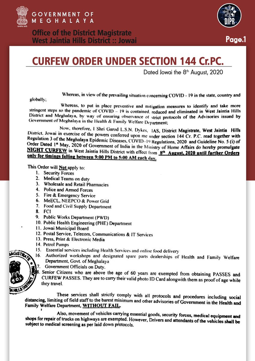 DiprMeghalaya's tweet photo. #CurfewOrder issued by the District Magistrate, #WestJaintiaHillsDistrict.
8th August 2020.
@JamesSangma1
@CMO_Meghalaya https://t.co/pqApFX8Lm8