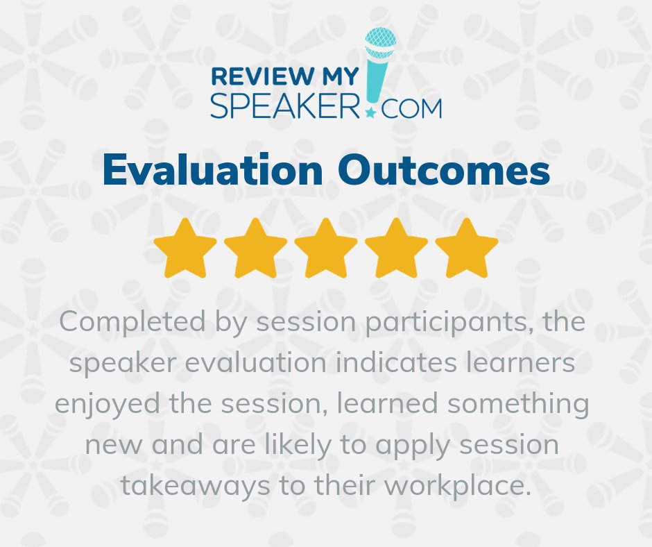 Evaluation outcomes are just one of the criteria we use to evaluate speakers at ReviewMySpeaker.com. 

Speakers: What do you like most/least about receiving attendee feedback?