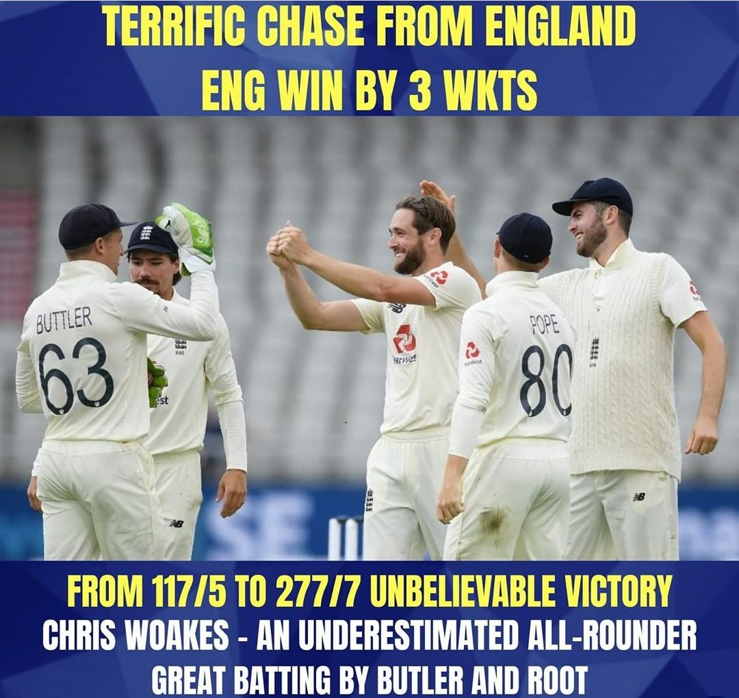 Pranjul100's tweet photo. A fighting century stand between @chriswoakes (84*) and @JosButtler (75) carried 🇬🇧 @englandcricket (217 &amp; 277-7) to a stunning 3-wicket victory over 🇵🇰 @TheRealPCB (326 &amp; 169) in a thrilling opening match of their 3-Tests series. #ENGvPAK #ENGLAND_WIN #ChrisWoakes #Buttler https://t.co/RDLRWXjF8U