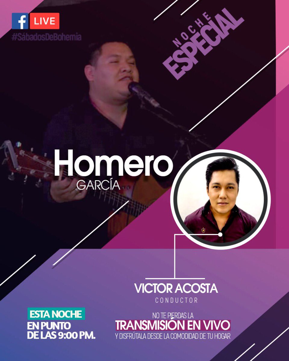 Esta noche, es una noche especial para mí, y para el equipo que ha hecho posible este programa.

¡No te pierdas la transmisión de Víctor Acosta, con la presentación especial del cantautor hidalguense, Homero García!

Hoy a las 9 😉🎶🎵🎶🎵