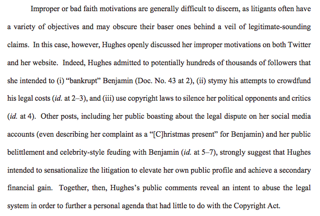 3. It’s difficult for me to imagine that Hughes’ attorney did not warn her about this. If you’re in the middle of litigation you should not be all over social media posting things that undermine your claims.