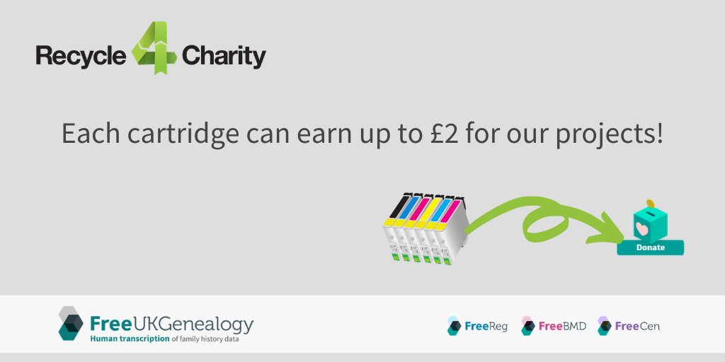 FreeUKGen's tweet photo. Have you been doing a lot of printing? @recycle4charity is a 100% free service that lets you #HelpKeepHistoryFree whilst also helping the planet. Find out how to help at: https://t.co/GC3F9VD1D9 https://t.co/hkr8zlCnNy