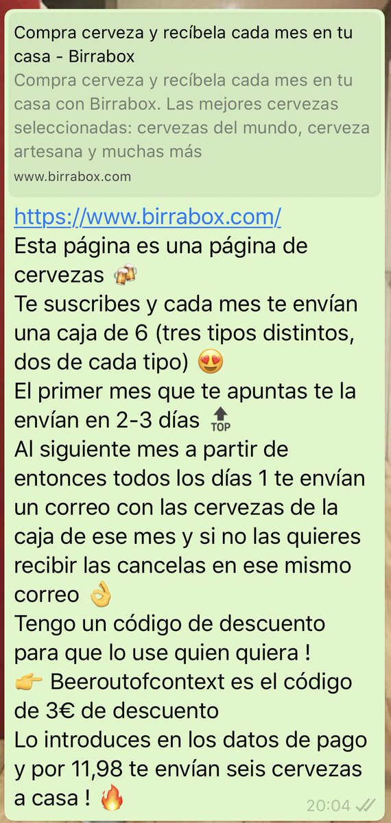 Beeroutofconte1's tweet photo. 🔥ATENCIÓN🔥
Os traemos un código descuento para @Birrabox ! 🔝
https://t.co/wobp3TJAml
Código descuento: Beeroutofcontext 
Podéis introducir este código descuento cuando rellenéis los datos de pago al registraros y os descuentan 3€ en vuestra primera caja ! https://t.co/QYScCYVvxn