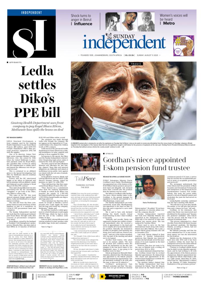 mahasharampedi's tweet photo. In the @SundayIndy
1 Ledla paid R300 000 towards Royal Bhaca's R4m PPE bill, while Diko attended payment arrangement meeting, says supplier's SIU affidavit 
2 Min Gordhan hires his niece as @Eskom_SA fund trustee
3 DFM David Masondo breaks his silence on ANC Integrity Commission https://t.co/xEiHdgoK3y