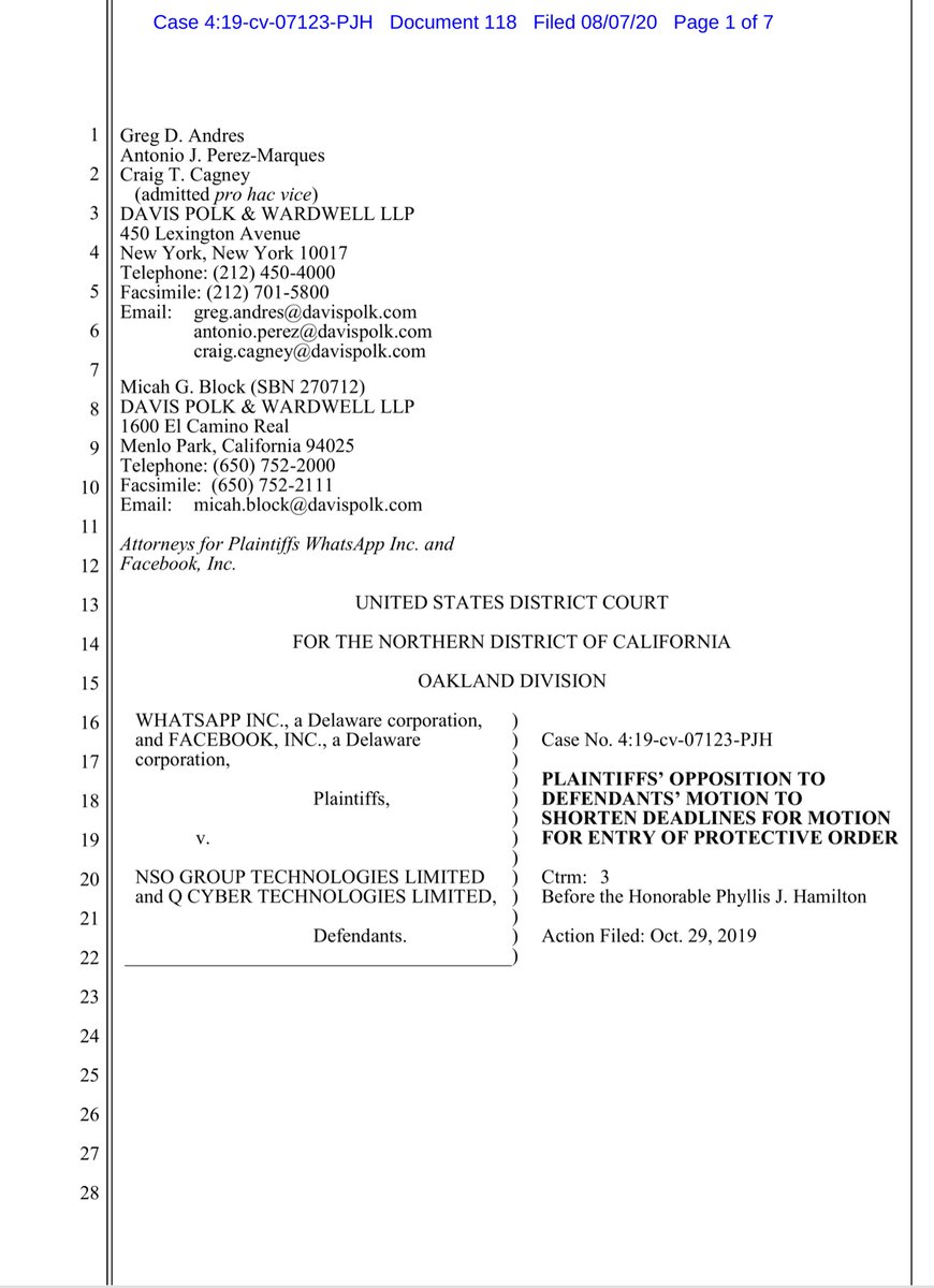 “..new draft departs materially from this District’s model order, backtracks on numerous issues already resolved in the parties’ negotiations ...Plaintiffs declined to accept it ...enter its novel and one-sided protective order.. moved to shorten time for Plaintiffs to respond”