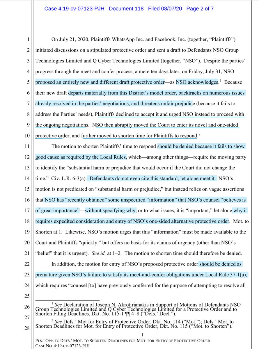 “..new draft departs materially from this District’s model order, backtracks on numerous issues already resolved in the parties’ negotiations ...Plaintiffs declined to accept it ...enter its novel and one-sided protective order.. moved to shorten time for Plaintiffs to respond”