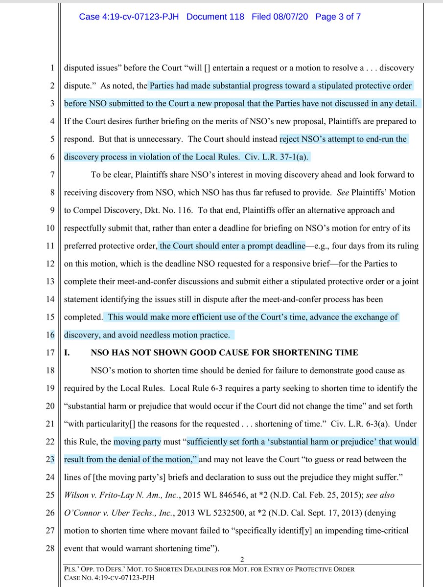 “..new draft departs materially from this District’s model order, backtracks on numerous issues already resolved in the parties’ negotiations ...Plaintiffs declined to accept it ...enter its novel and one-sided protective order.. moved to shorten time for Plaintiffs to respond”