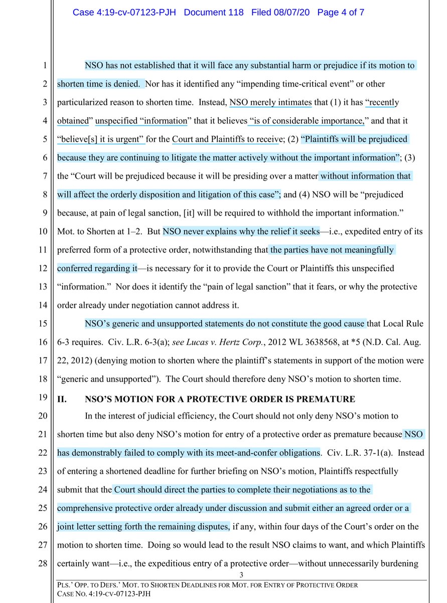 “..new draft departs materially from this District’s model order, backtracks on numerous issues already resolved in the parties’ negotiations ...Plaintiffs declined to accept it ...enter its novel and one-sided protective order.. moved to shorten time for Plaintiffs to respond”