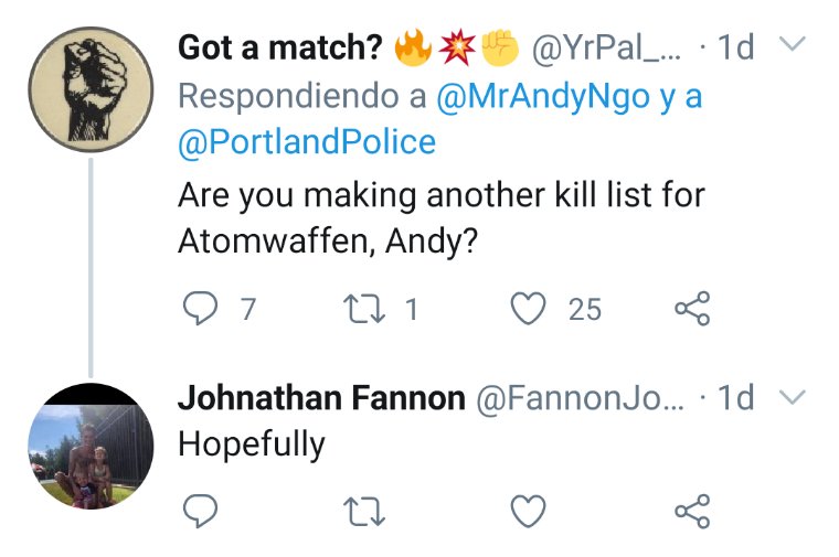 When they tweeted a threat against children last week, they caught the attention of far-right propagandist Andy Ngo. Here's a couple of the comments from Ngo fans