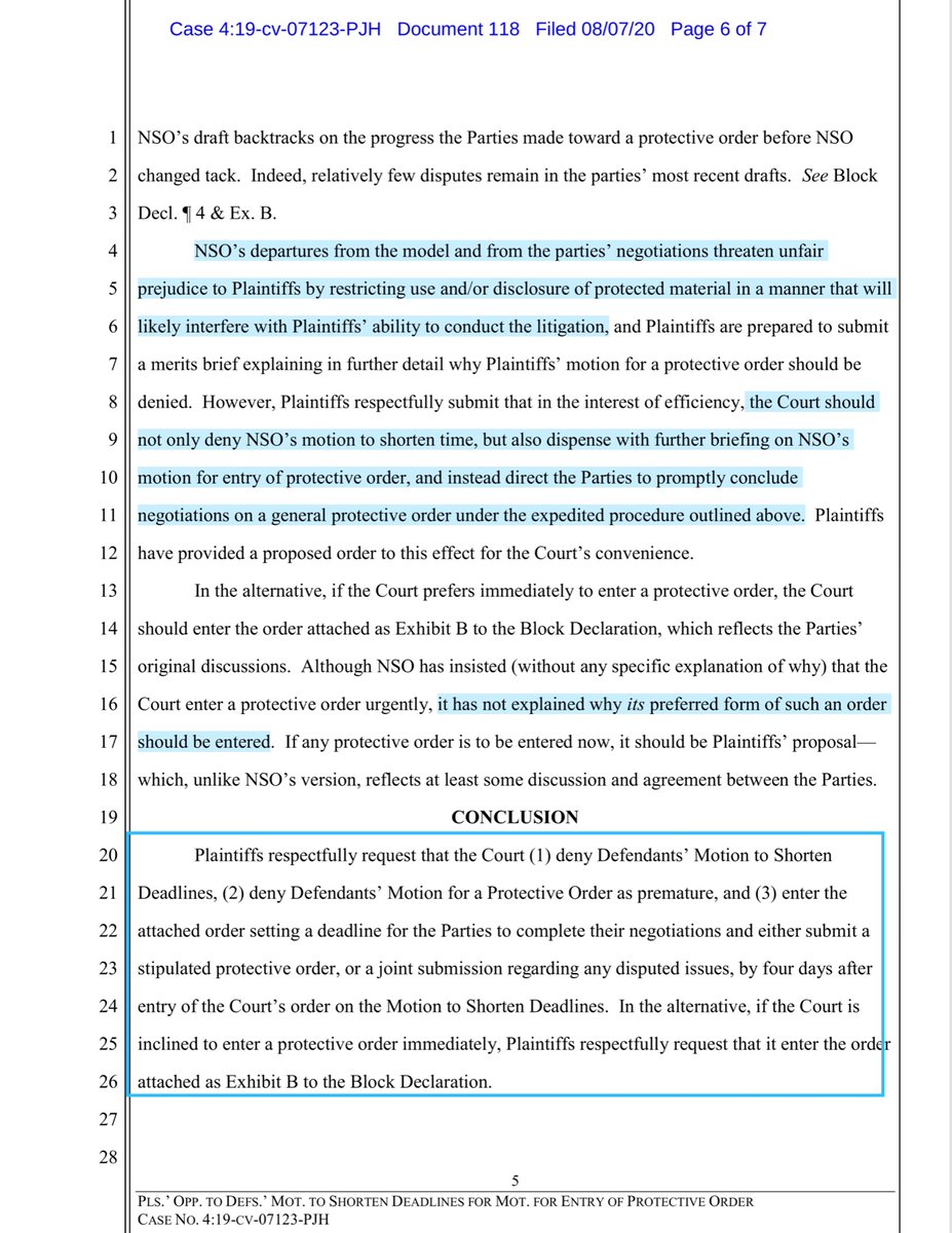IMO NSO has not acted in good faithConversely neither have the plaintiffsThe only real winners here are the cadre of attorneys billing at least >$2K per hour (collectively)The plaintiffs do make solid arguments “failed to show good cause” & shortening https://ecf.cand.uscourts.gov/doc1/035019582575?caseid=350613