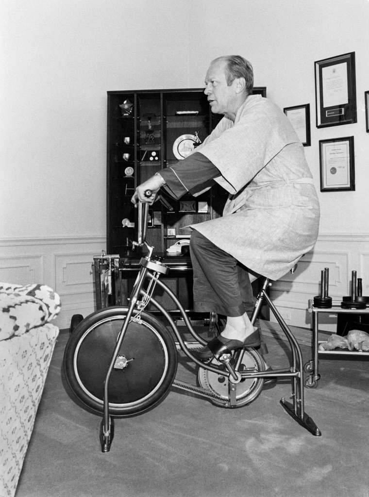Next up is Gerald Ford. He doesn't appear to have been a bike rider. This is probably because Alexandria, VA hadn't installed a connected and protected network of bike lanes during his 20 years living in the city. He had to settle for using an exercise bike instead.