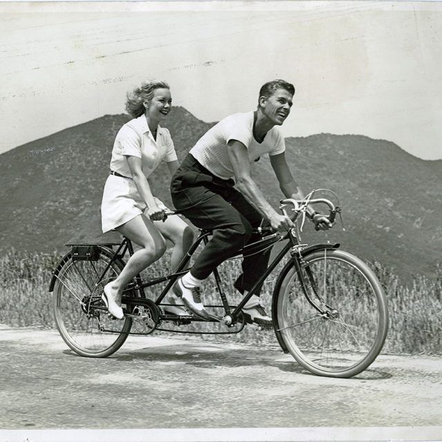 Next up is Ronald Reagan. It appears he rode bikes a lot during his Hollywood days. Here is piloting a tandem.