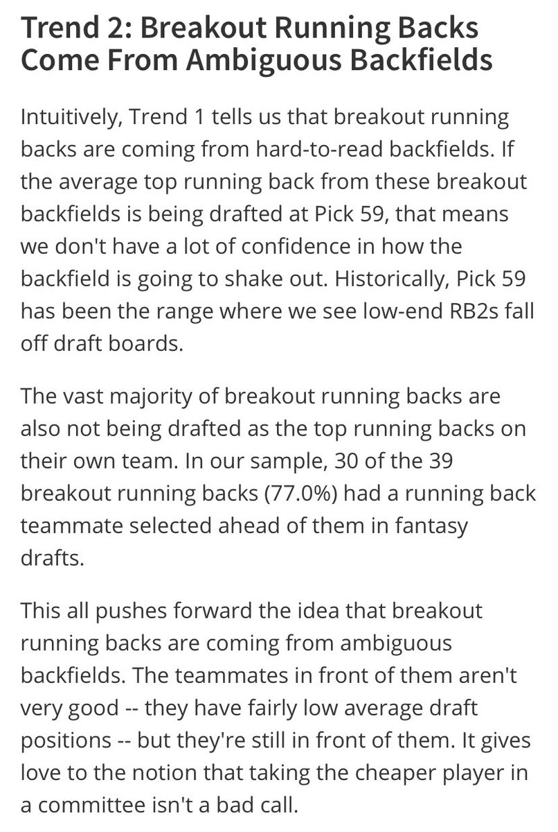 In what might be my favorite article of the offseason,  @LateRoundQB succinctly broke down commonalities between late-round RB breakouts. He found they usually aren’t handcuffs; it’s the cheaper back in a committee. Link to full article: https://www.numberfire.com/nfl/news/32021/how-to-find-breakout-running-backs-in-fantasy-football
