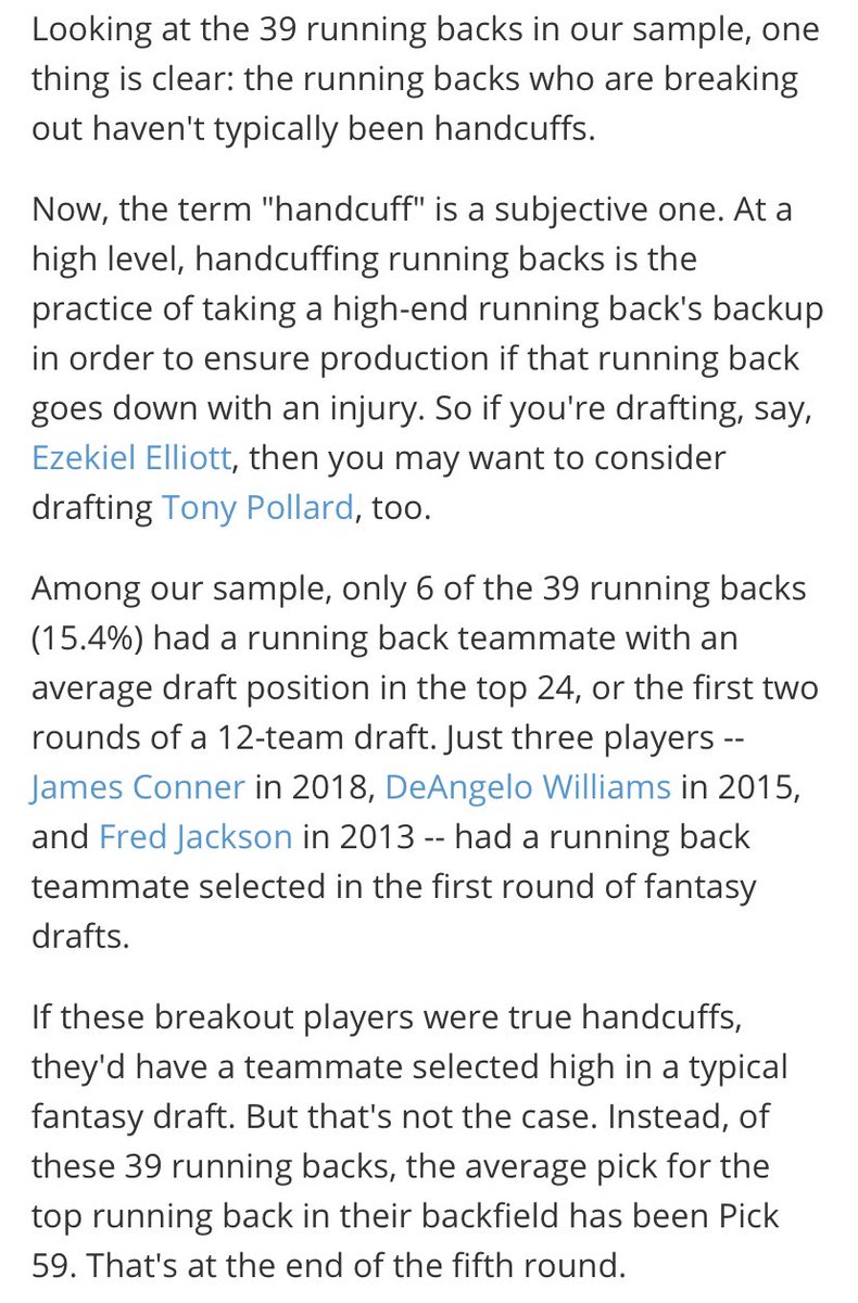 In what might be my favorite article of the offseason,  @LateRoundQB succinctly broke down commonalities between late-round RB breakouts. He found they usually aren’t handcuffs; it’s the cheaper back in a committee. Link to full article: https://www.numberfire.com/nfl/news/32021/how-to-find-breakout-running-backs-in-fantasy-football