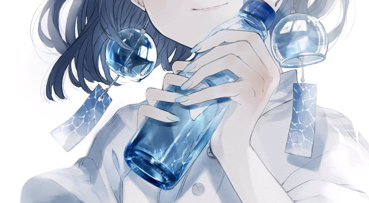 solo 1girl wind chime white background holding bottle ramune  illustration images