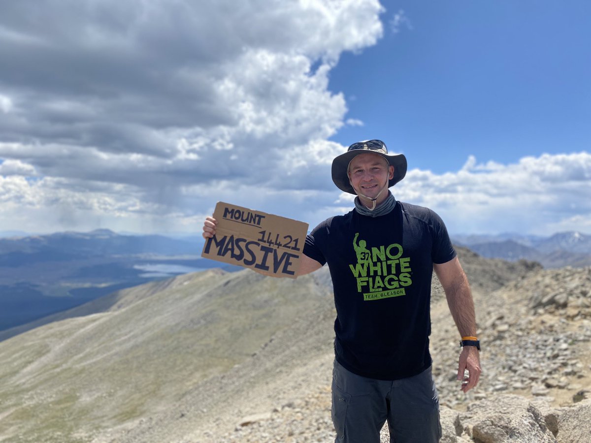 SeanNesbit's tweet photo. Standing atop Mount Massive, took @SteveGleason with me. Several people recognized my shirt and reacted with βSteve is awesome!β @TeamGleason #NoWhiteFlags #MtMassive https://t.co/DvDO3J2y3u