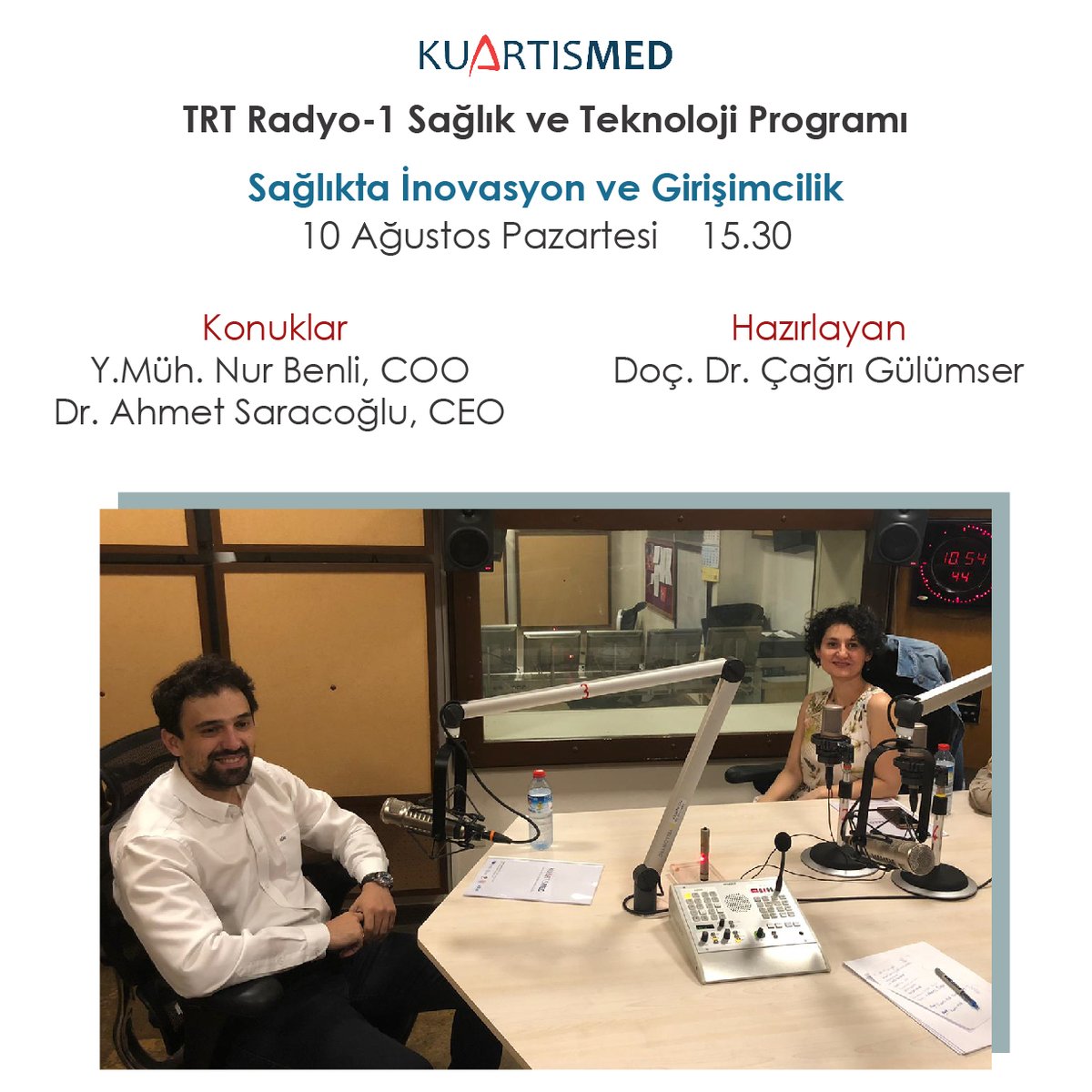 KuartisMED (@kuartismed) on Twitter photo "Sağlıkta İnovasyon ve Girişimcilik" üzerine <a href="/ahmet_saracoglu/">Ahmet Saracoglu</a>'nun ve <a href="/nurbenli/">nur benli</a>'nin <a href="/cagrigulumser/">Prof. Dr. Çağrı Gülümser</a> ile olan keyifli sohbetini dinlemek için, 10 Ağustos 2020 Pazartesi saat 15:30'da, Radyo-1’deki “Sağlık ve Teknoloji” programını kaçırmayın. "Sağlıkta İnovasyon ve Girişimcilik" üzerine <a href="/ahmet_saracoglu/">Ahmet Saracoglu</a>'nun ve <a href="/nurbenli/">nur benli</a>'nin <a href="/cagrigulumser/">Prof. Dr. Çağrı Gülümser</a> ile olan keyifli sohbetini dinlemek için, 10 Ağustos 2020 Pazartesi saat 15:30'da, Radyo-1’deki “Sağlık ve Teknoloji” programını kaçırmayın.