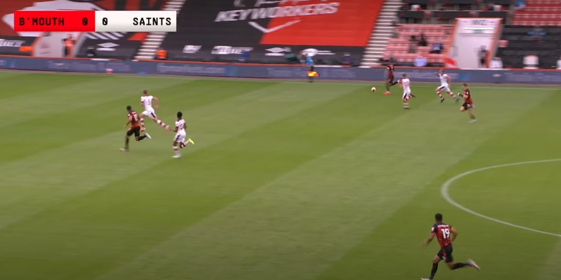 See here the distance between KWP and Wilson after Vestergaard steps out missing his tackle, effectively leaving Wilson alone & Stephens dealing with Solanke running in on goal, yet he closes the gap and manages to get in front of the striker to cut out a certain goal.  #SaintsFC