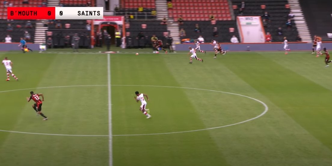 See here the distance between KWP and Wilson after Vestergaard steps out missing his tackle, effectively leaving Wilson alone & Stephens dealing with Solanke running in on goal, yet he closes the gap and manages to get in front of the striker to cut out a certain goal.  #SaintsFC